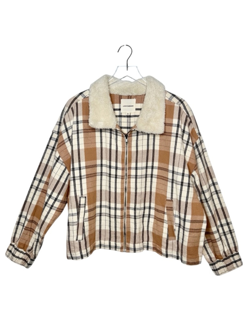 NWT Lucky Brand Tan Plaid Sherpa Collar Women’s Bomber Jacket Sz XL